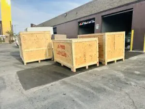 Multiple custom wooden crates prepared in Las Vegas for international shipment.