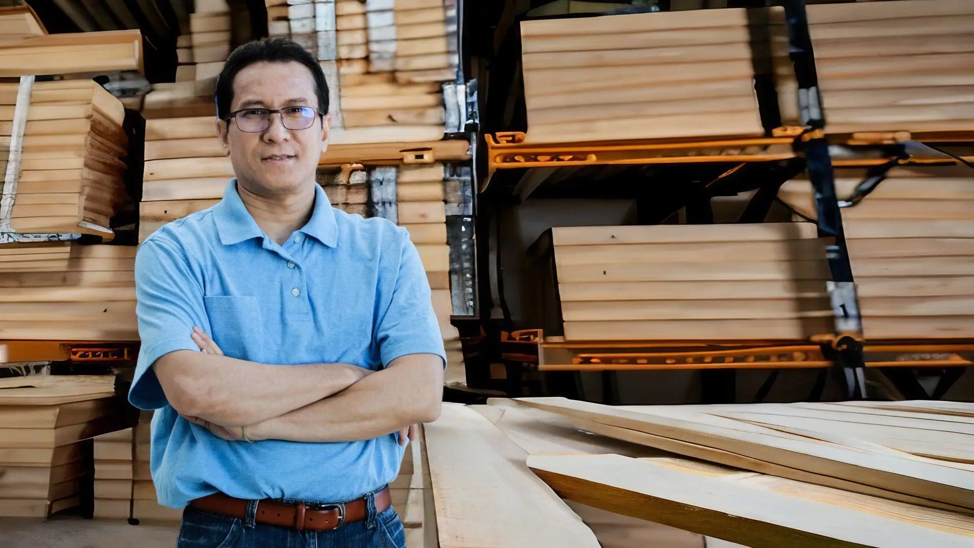 A person standing beside lumber and wooden crates in a workshop.