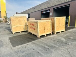 Multiple custom wooden crates prepared in Las Vegas for international shipment.