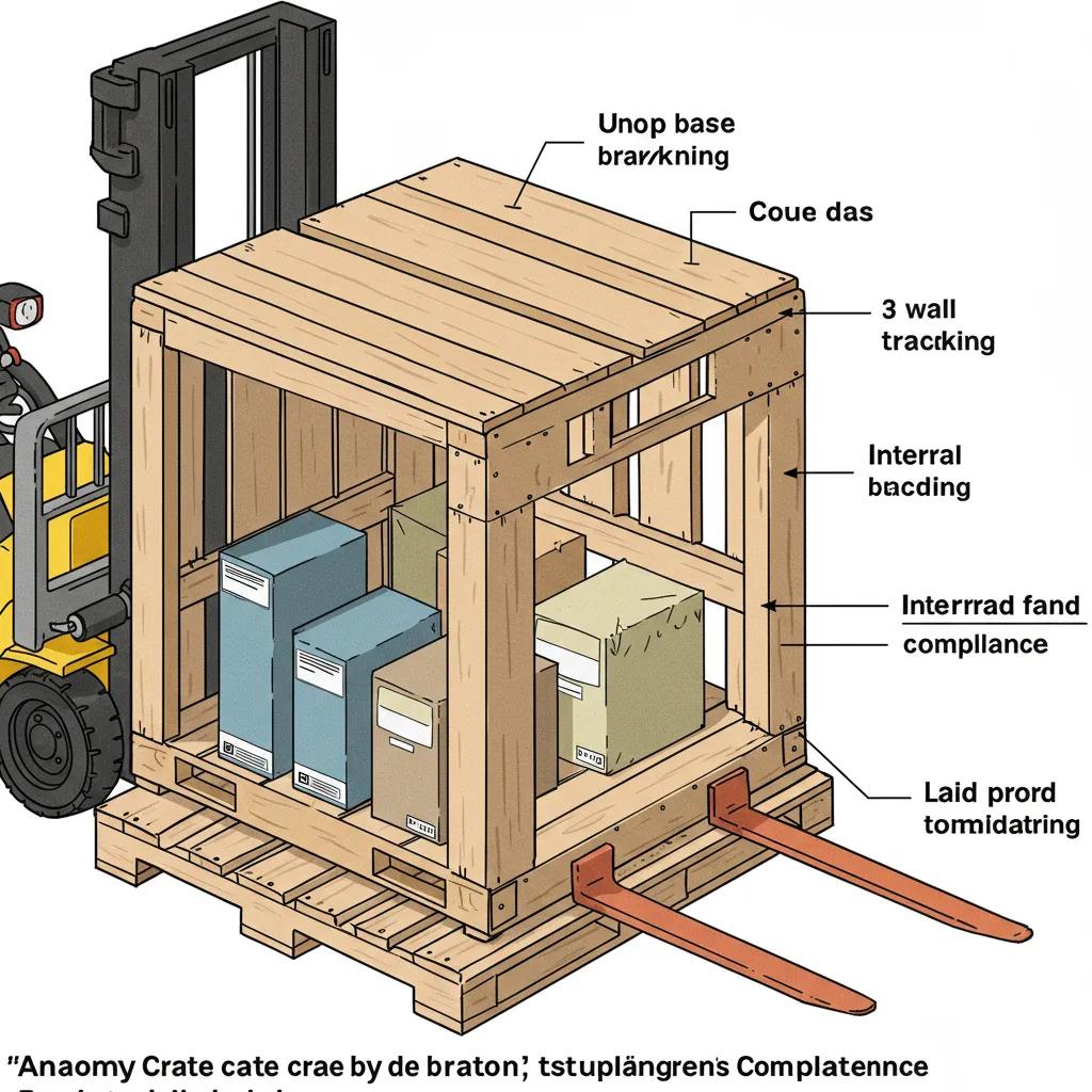 Anatomy of a palletized crate with labeled sections, illustrating its components and functionality in export packaging