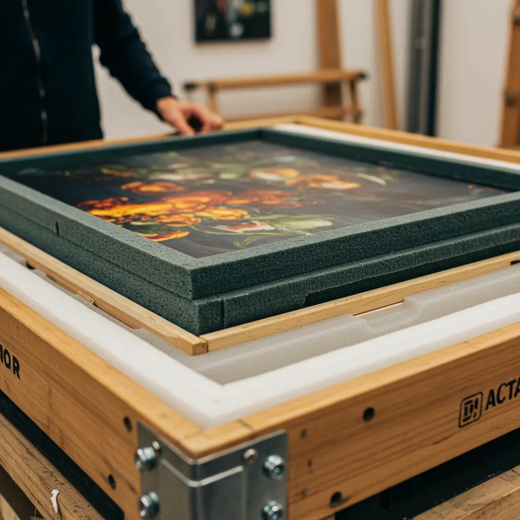 Close-up of a custom art crate being packed with archival materials for artwork protection