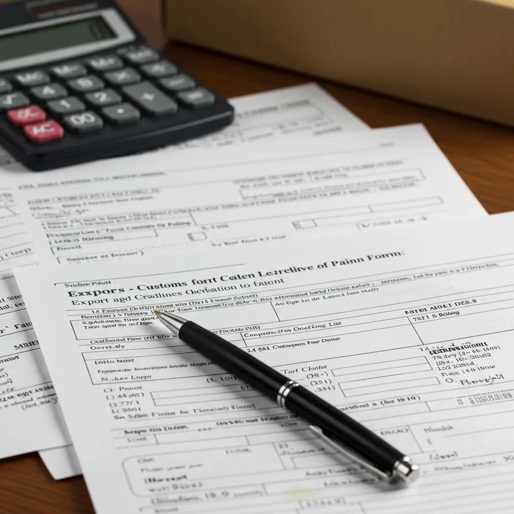 Close-up of customs forms for export crating, including export declarations and packing lists, ready for submission