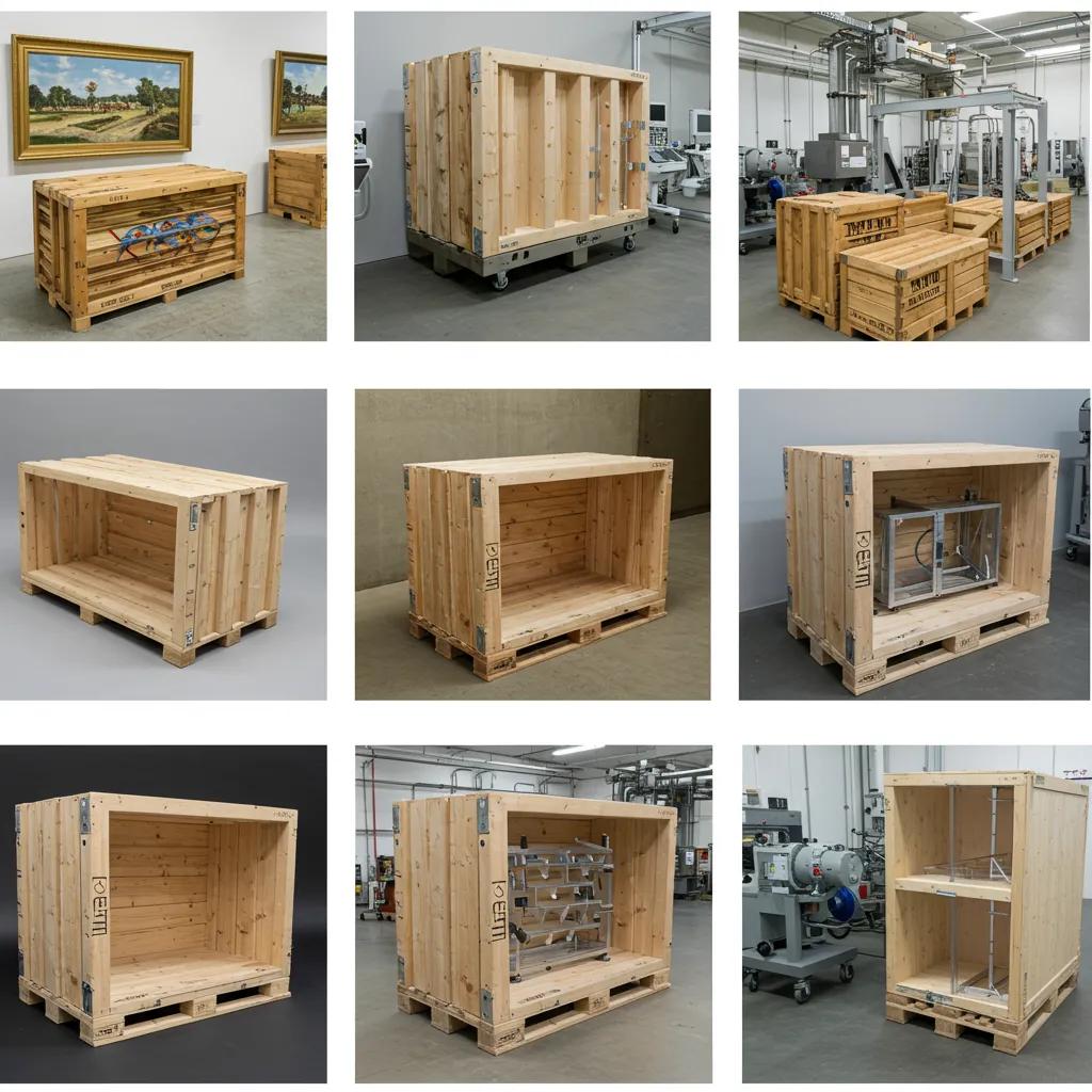 Collage of custom crates for fine art, medical equipment, and industrial machinery in relevant settings
