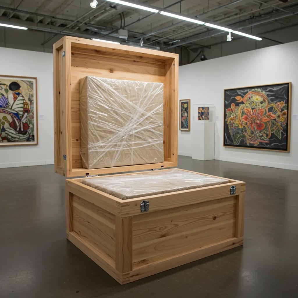 Custom art crate showcasing archival materials and wrapped artwork in a gallery setting