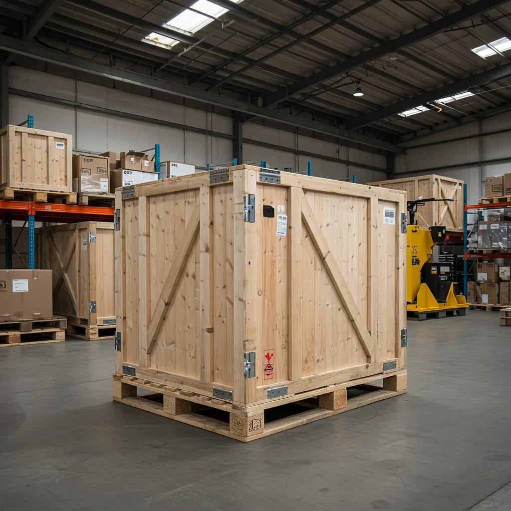 Custom palletized crate in a warehouse with various cargo types, showcasing secure export packaging solutions