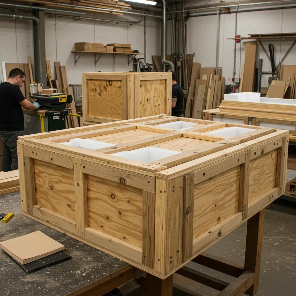 Custom wooden crate construction in a workshop, highlighting craftsmanship and secure packaging