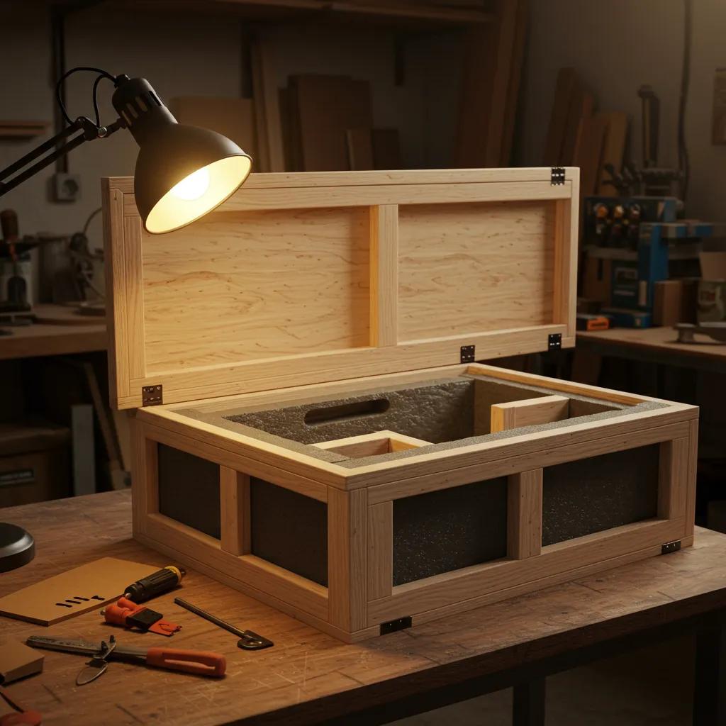 Custom wooden shipping crate in a workshop, showcasing craftsmanship and interior supports