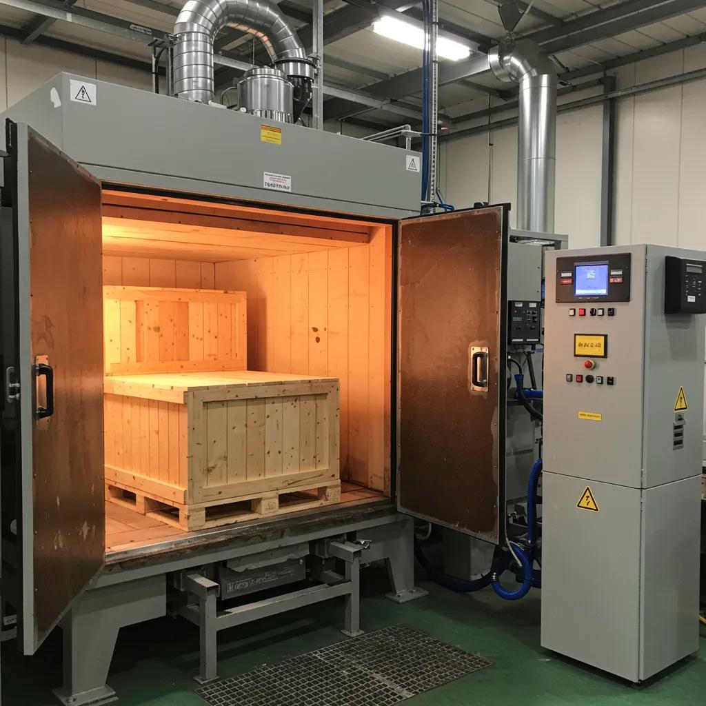 Heat treatment process for wooden crates in a controlled chamber