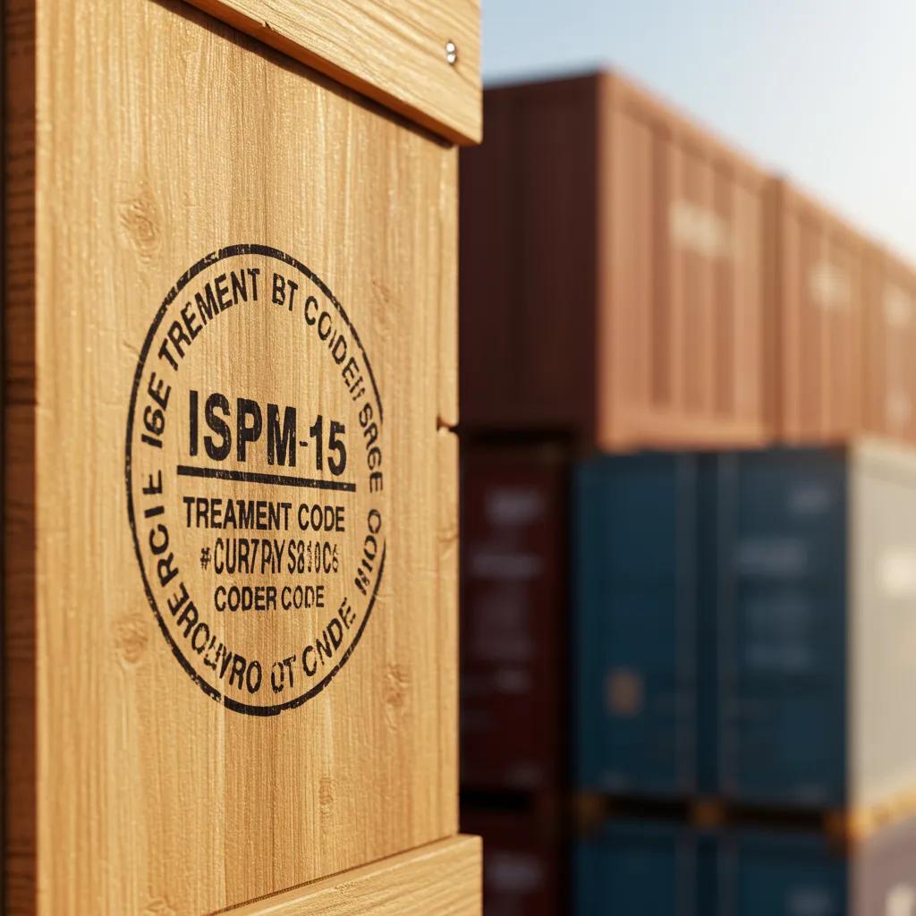 ISPM 15 certification stamp on a heat-treated wooden crate