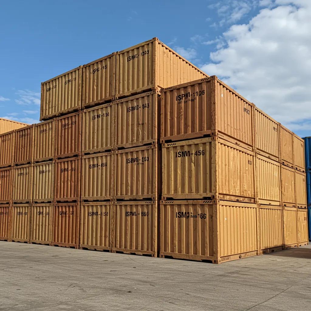ISPM-15 export crates in a shipping yard with visible IPPC marks