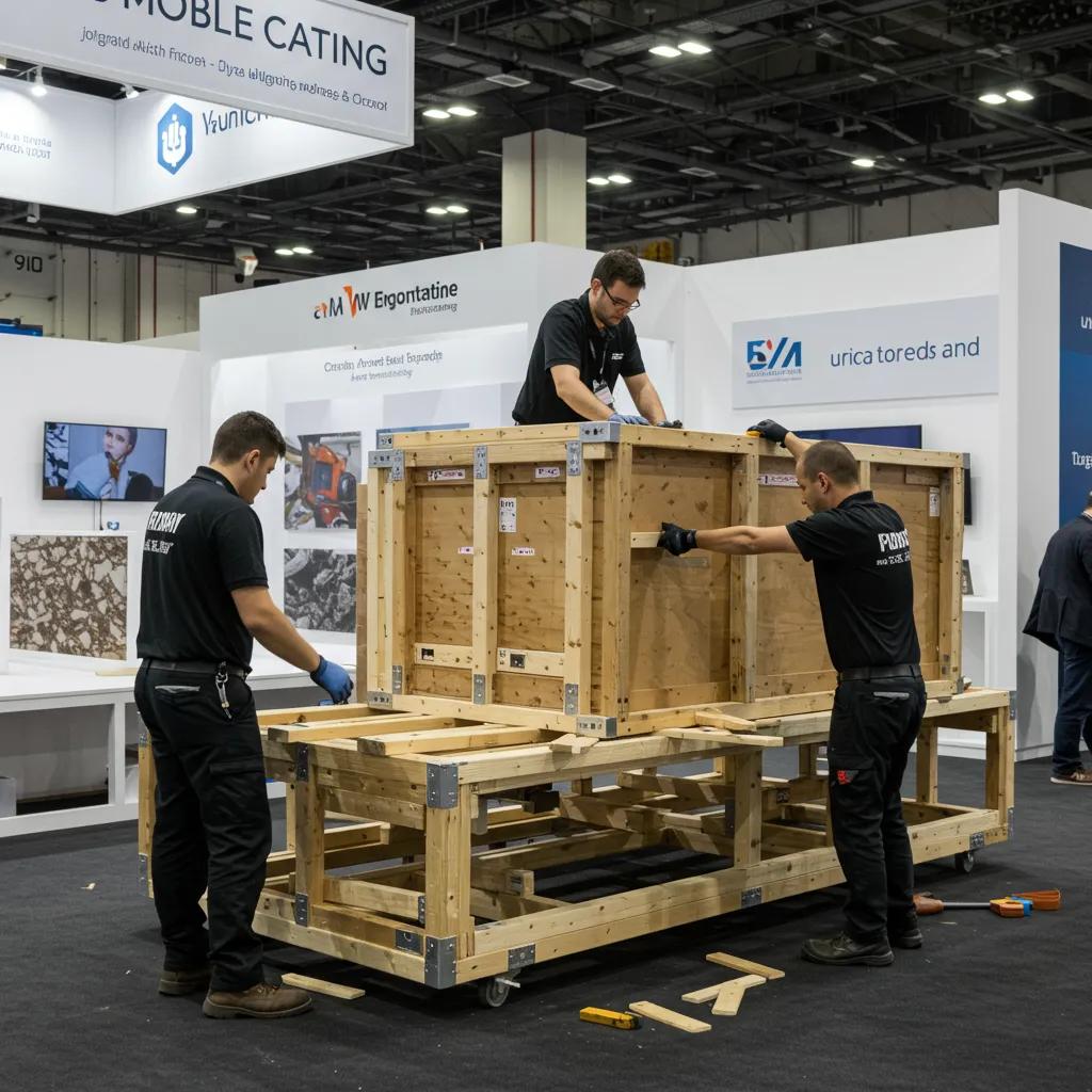 Mobile crating team constructing a custom crate for a large exhibit on-site at a trade show, showcasing the crating process