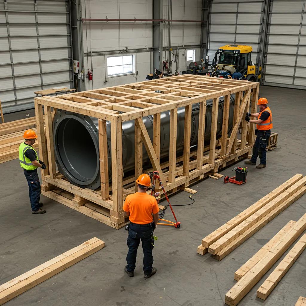 On-site crating service constructing a custom crate around large machinery with professionals at work