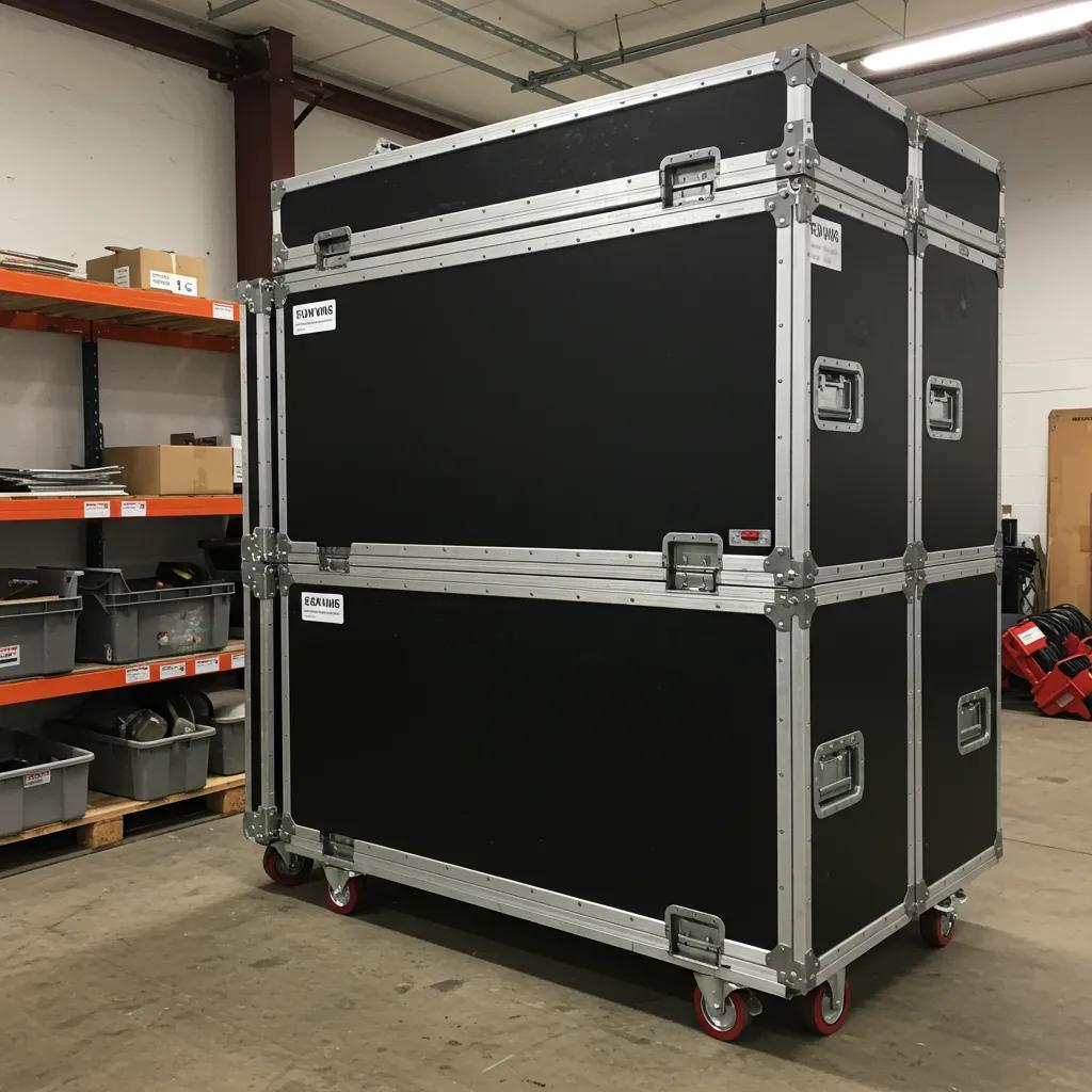 Stacked reusable exhibition crates showcasing modular design and durability in a well-organized storage area