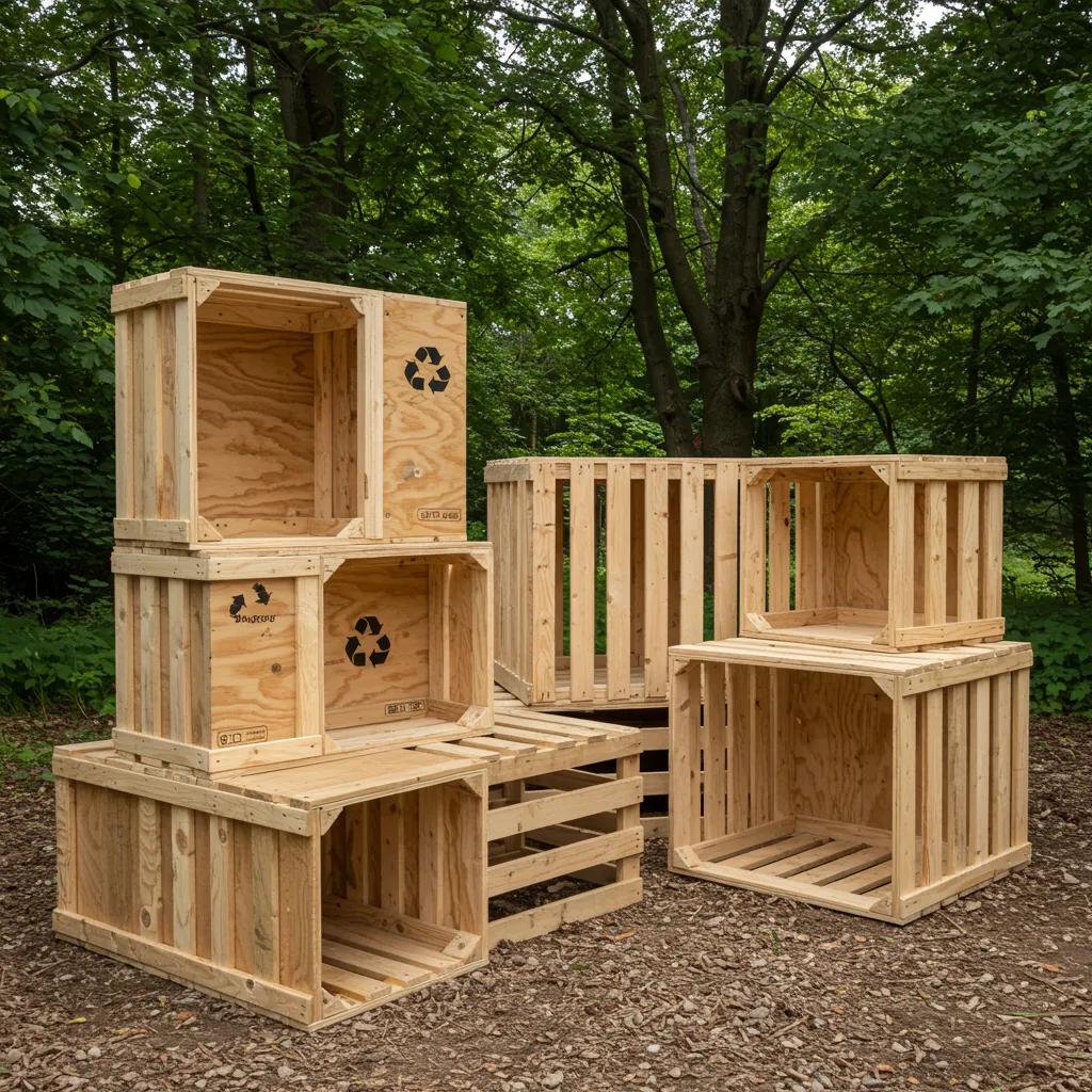 Sustainable palletized crates made from eco-friendly materials, highlighting recycling and environmental benefits
