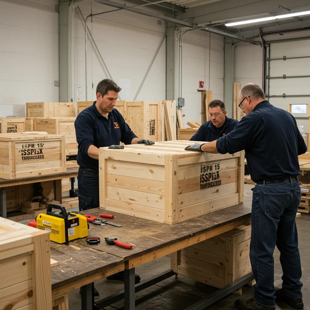Team assembling custom crating services for ISPM 15 compliance