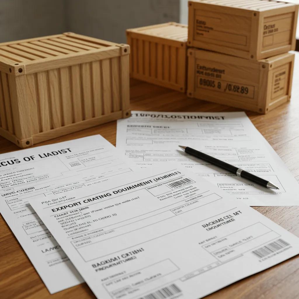 Workspace with export crating documentation, crates, and packing lists showcasing international shipping preparations