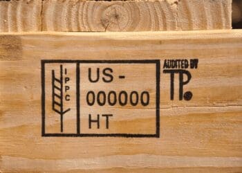 ISPM 15 compliance stamp on heat-treated wood packaging, featuring IPPC logo and audit information, relevant for international shipping standards.