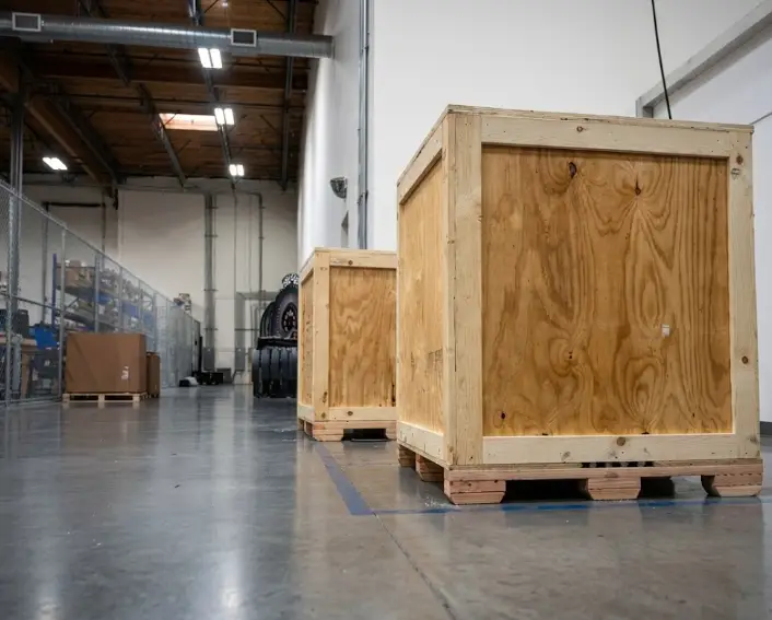 Custom wooden shipping crates and palletized crates in Crates of Las Vegas warehouse.
